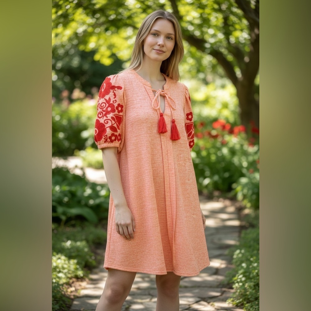 Orange Dress with Embroidered Sleeves
